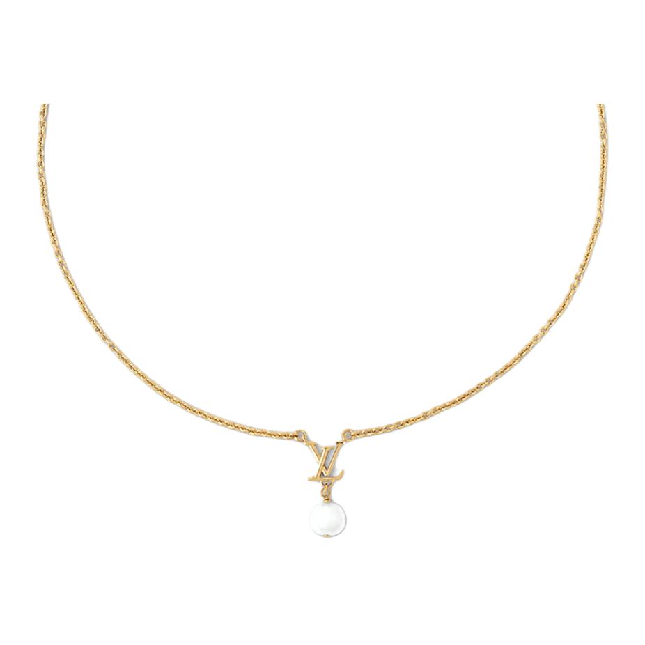 (Women) LOUIS VUITTON Letter Logo Metal Resin Necklace Gold for Women. M01623