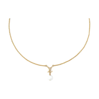 (Women) LOUIS VUITTON Letter Logo Metal Resin Necklace Gold for Women. M01623
