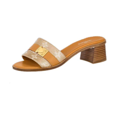 (W) LV Lock It 'Brown Leather Fashion Peep-Toe Slide'