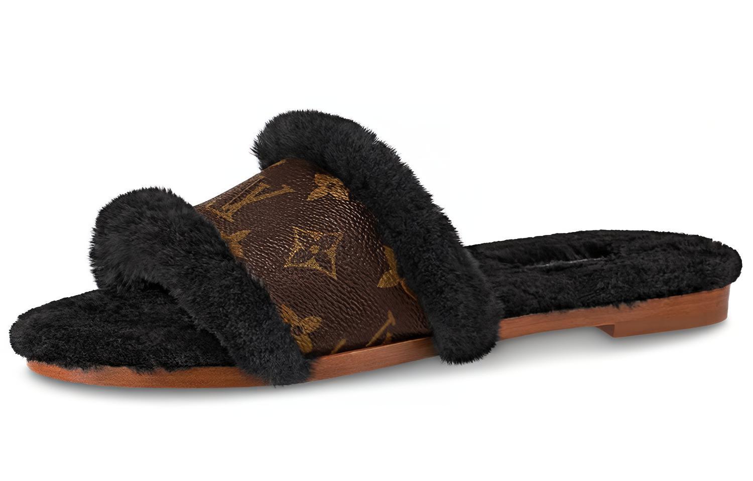 Buy (W) 路易威登 棕色漆皮印花帆布貂皮锁具拖鞋 1A8765