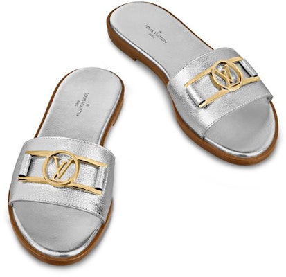 (Women) Louis Vuitton Lock It Flat Mule 'Metallic Calfskin Silver' 1A880C Shop (Women) Louis Vuitton Lock It Flat Mule 'Metallic Calfskin Silver' 1A880C
