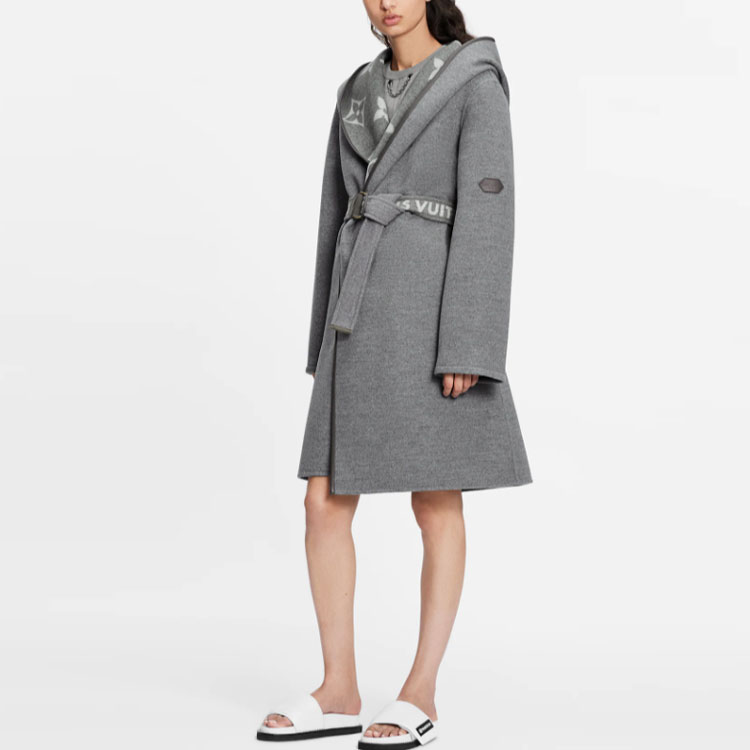 Lookbook (Women) LOUIS VUITTON Logo Belt Reversible Hooded Wrap Coat Women’s Grey. 1A945Q