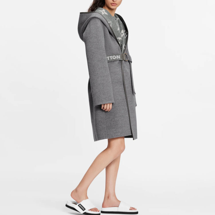 Shop (Women) LOUIS VUITTON Logo Belt Reversible Hooded Wrap Coat Women’s Grey. 1A945Q