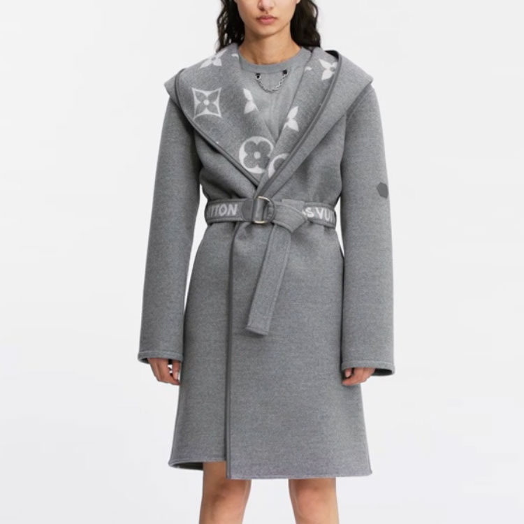 Purchase (Women) LOUIS VUITTON Logo Belt Reversible Hooded Wrap Coat Women’s Grey. 1A945Q