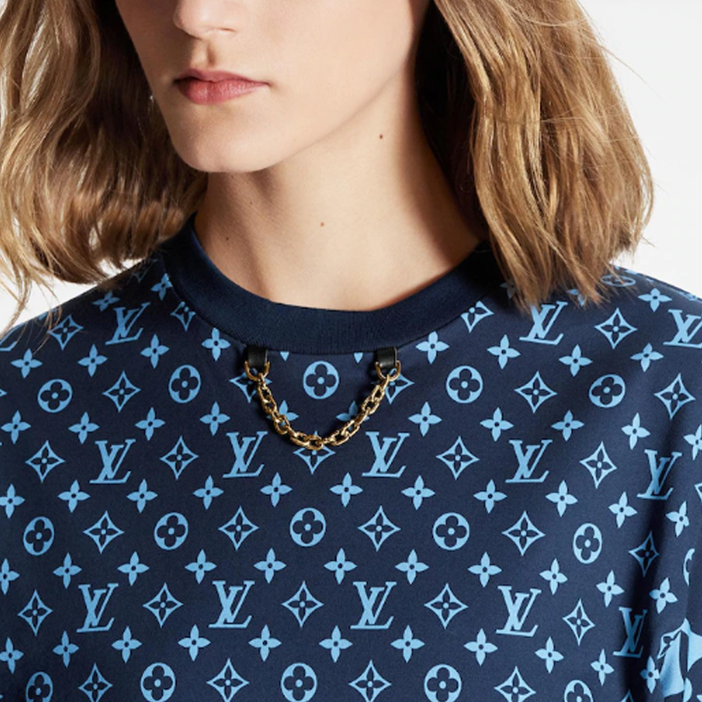 Details for (W) 路易威登 女裝藍色Logo鏈條印花圓領上衣 FW22 休閒T恤 1AA9WA
