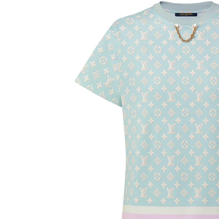 Details for (Women) LOUIS VUITTON Logo Chain Print T-Shirt Women Mint Blue FW23 Collection. 1ABYI2