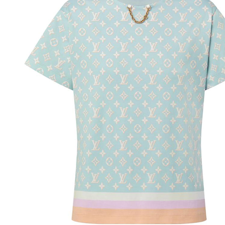 Cheap (Women) LOUIS VUITTON Logo Chain Print T-Shirt Women Mint Blue FW23 Collection. 1ABYI2