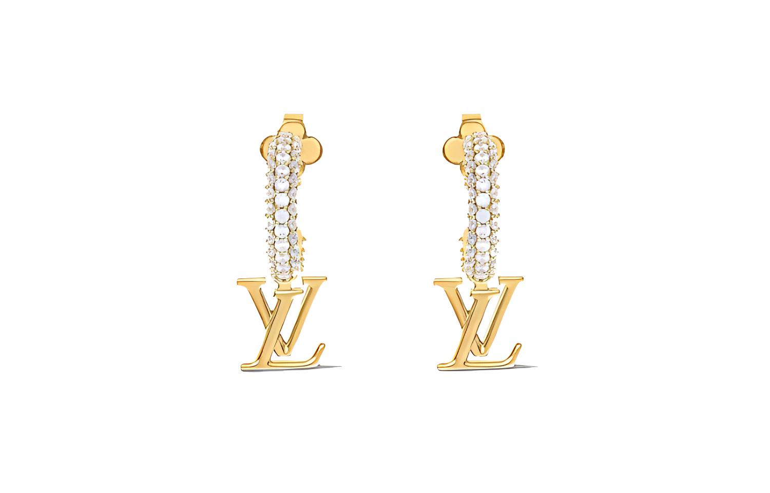 (Women) LOUIS VUITTON Logo Crystal Earrings Women Gold M01732