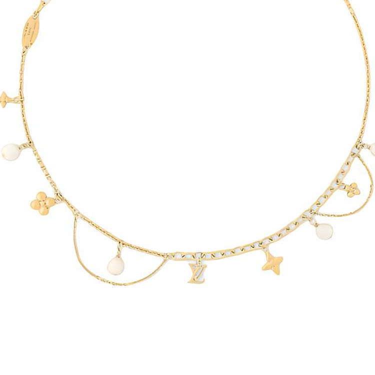 (Women) Louis Vuitton Logo Design Metal Resin Bead Necklace Gold  Accessory. M02642
