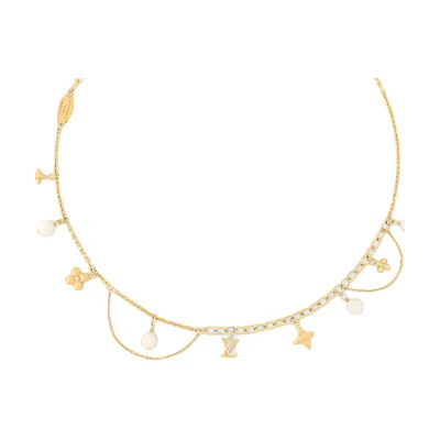 (Women) Louis Vuitton Logo Design Metal Resin Bead Necklace Gold Accessory. M02642