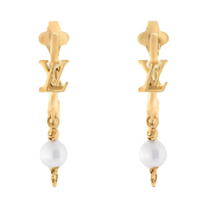 (Women) Louis Vuitton Logo Design Metal Resin Bead Earrings Gold M02819