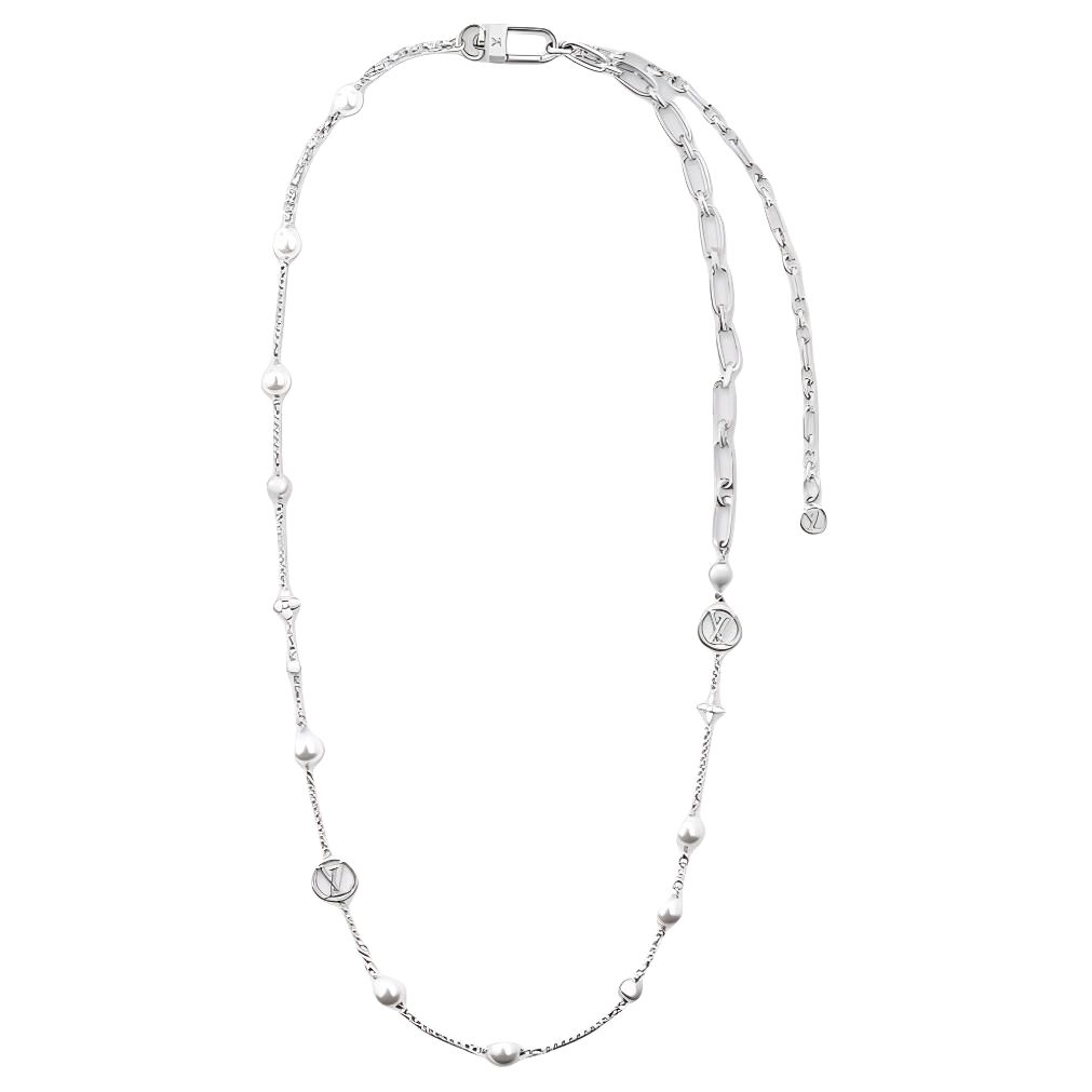 (Women) LOUIS VUITTON Logo Design Silver Necklace with Metal and Glass Beads for Women. M02516