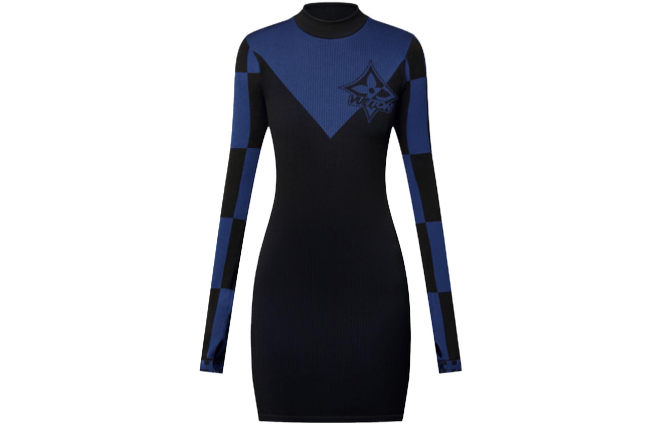 (Women) LOUIS VUITTON Logo Jacquard Knit Long-Sleeve Dress Women’s Blue 1AC1NE