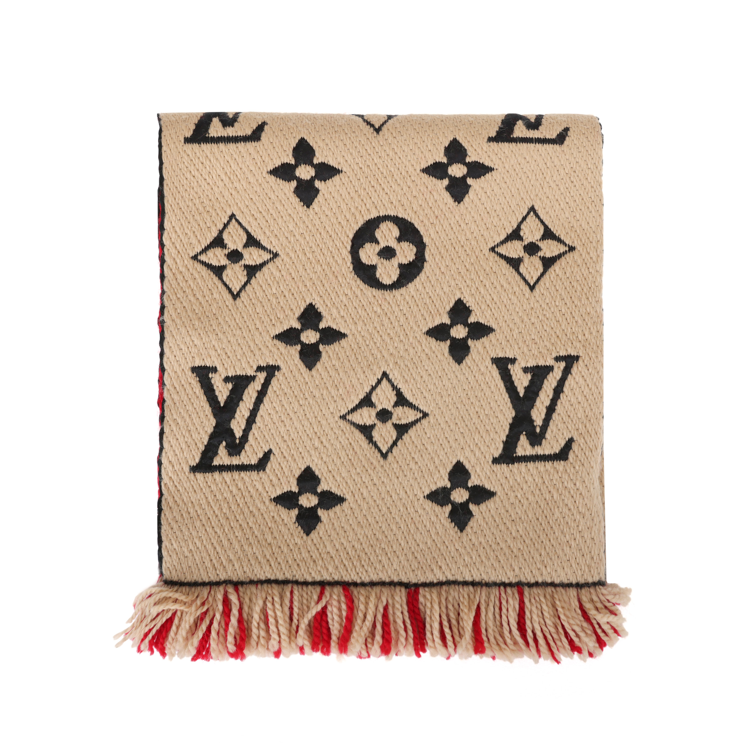 (Women) Louis Vuitton Logomania Shine Tassel Scarf Red Wool for Women M73886