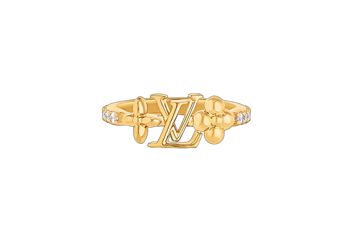 Order (W) Anillo de Cristal Dorado con Logo Louis Vuitton LV para Mujer. M1461S