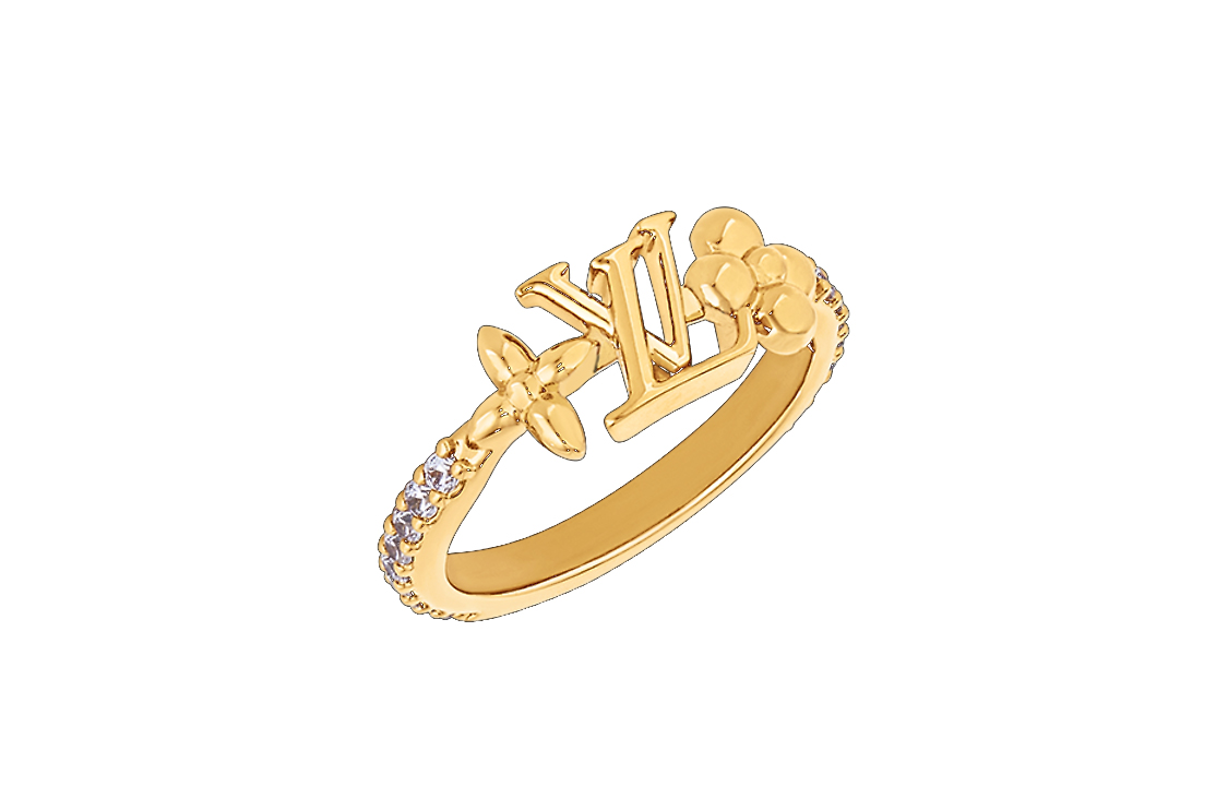 Lookbook (W) Anillo de Cristal Dorado con Logo Louis Vuitton LV para Mujer. M1461S