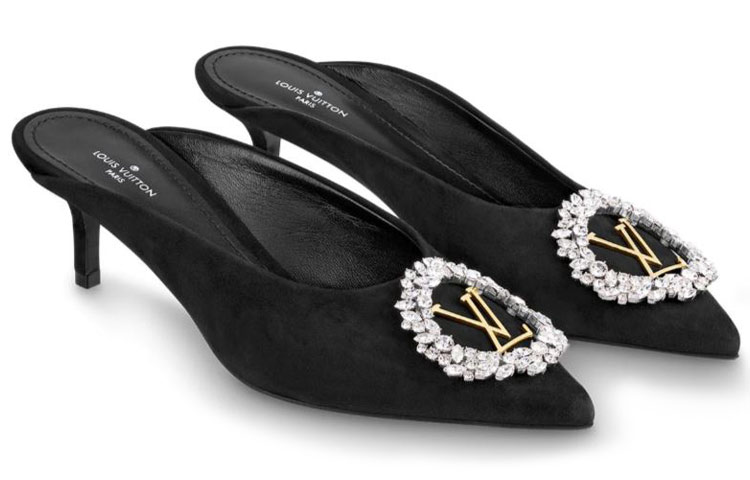 Lookbook (W) Louis Vuitton Madeleine Mule Baskets à Talons Hauts en Daim Noir 1A5BU3