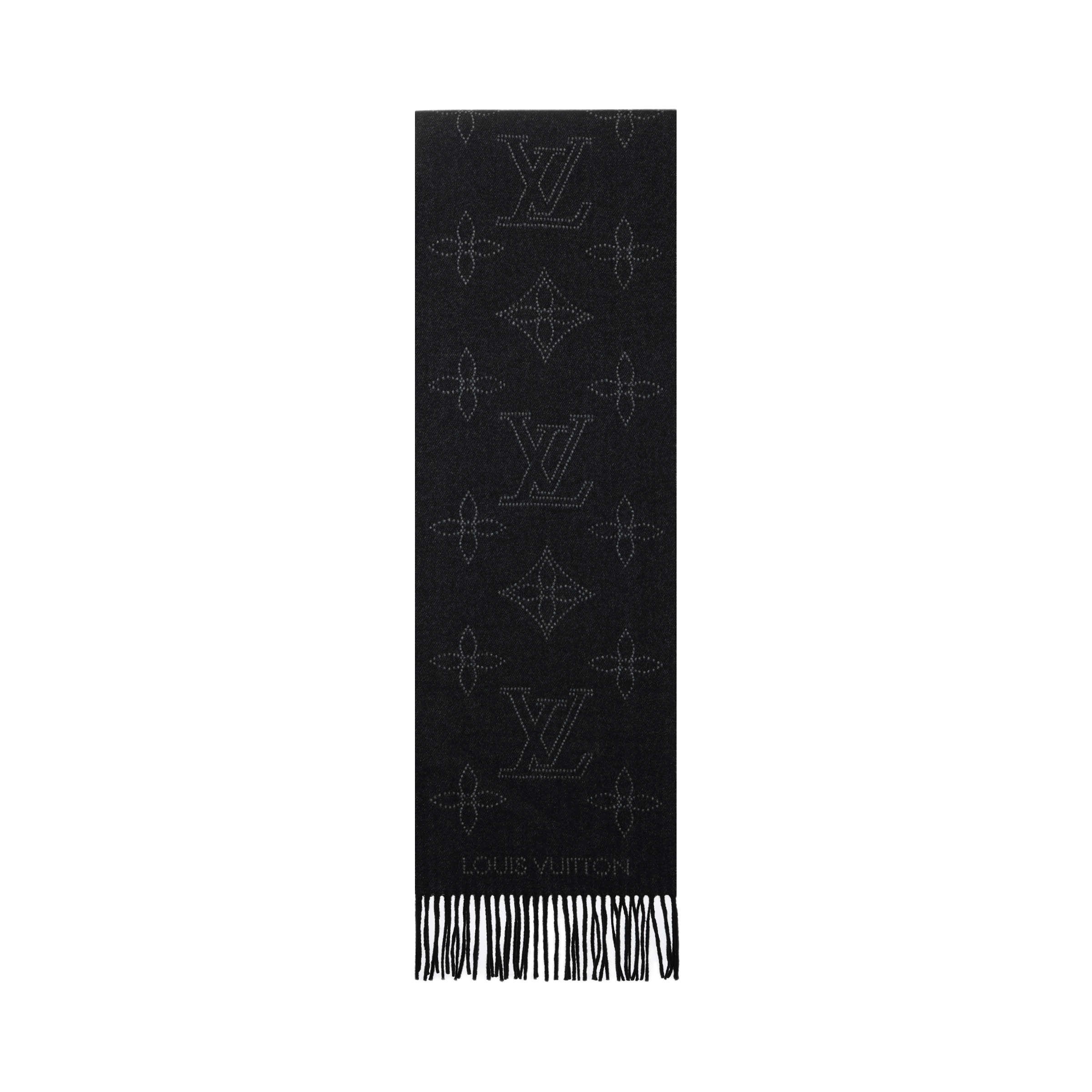 (Women) LOUIS VUITTON Monogram Black Wool Scarf with Tassels for Women. M77902