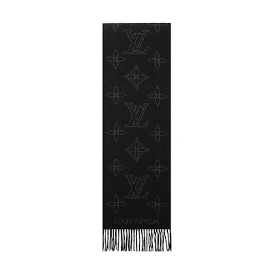 (Women) LOUIS VUITTON Monogram Black Wool Scarf with Tassels for Women. M77902