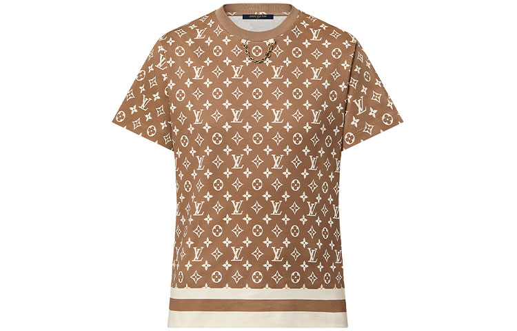 (Women) LOUIS VUITTON Monogram Chain Accent Brown Crewneck  T-Shirt. 1AB9HB