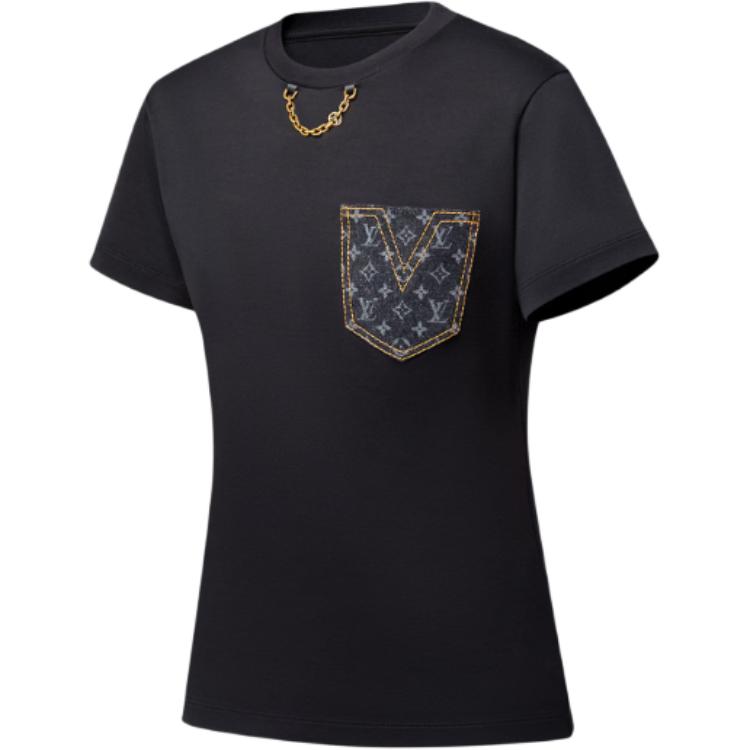(Women) LOUIS VUITTON Monogram Denim Pocket Chain Tee Black Shirt 1AGT02 圖 4