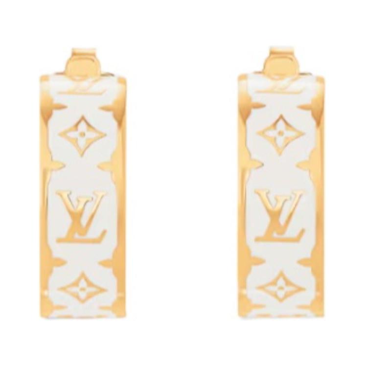 (Women) Louis Vuitton Monogram Design Metal Enamel Earrings Gold . M01830