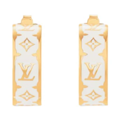 (Women) Louis Vuitton Monogram Design Metal Enamel Earrings Gold . M01830