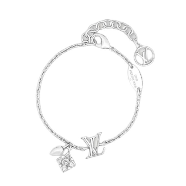 (Women) LOUIS VUITTON Monogram Floral Decor Silver Metal Bracelet M1120A