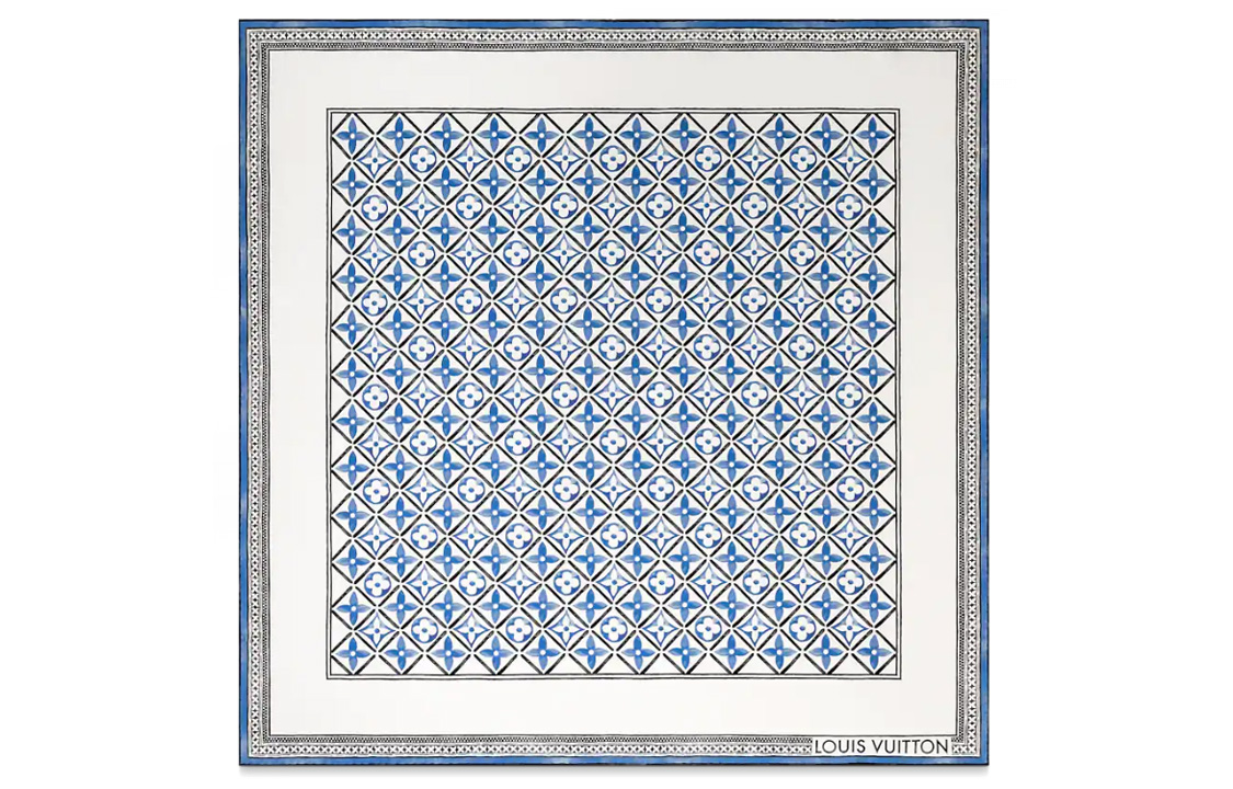 (Women) Louis Vuitton Monogram Flower Tile Summer Scarf  Blue White Silk Shawl M78981