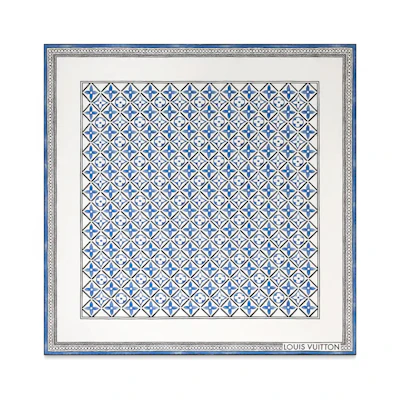 (Women) Louis Vuitton Monogram Flower Tile Summer Scarf Blue White Silk Shawl M78981
