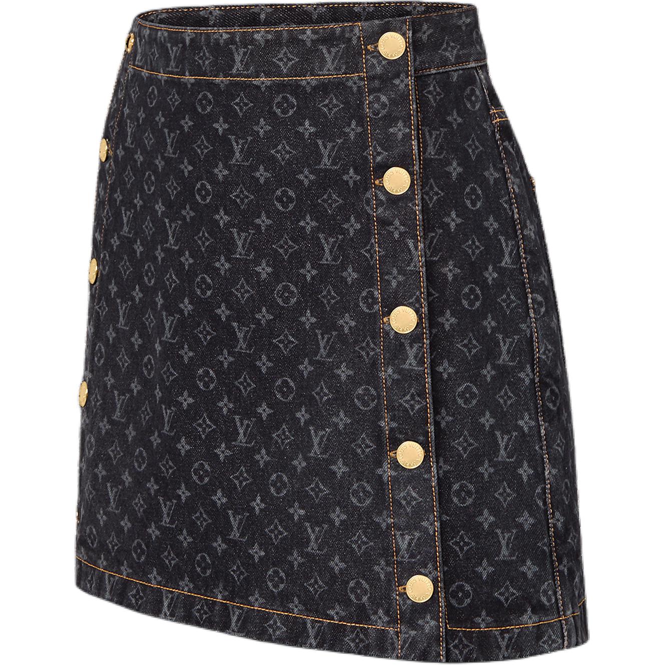 Shop (Women) LOUIS VUITTON Monogram Print A-Line Denim Skirt Women Black 1AGNE1