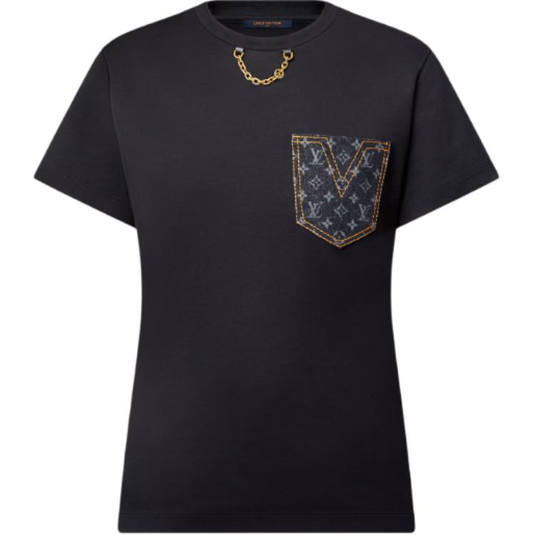 (Women) LOUIS VUITTON Monogram Solid Denim Pocket Chain Tee Black Womens 1AGT04