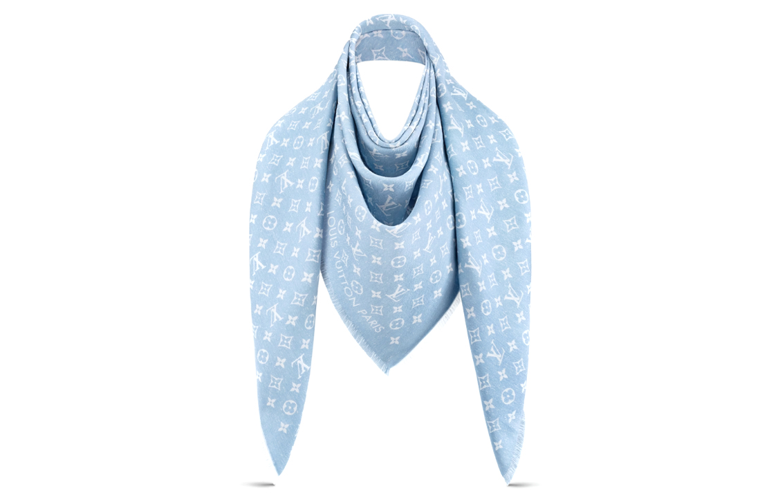 (Women) LOUIS VUITTON My Daily Denim Fringed Shawl Light Blue  Scarf. M78183