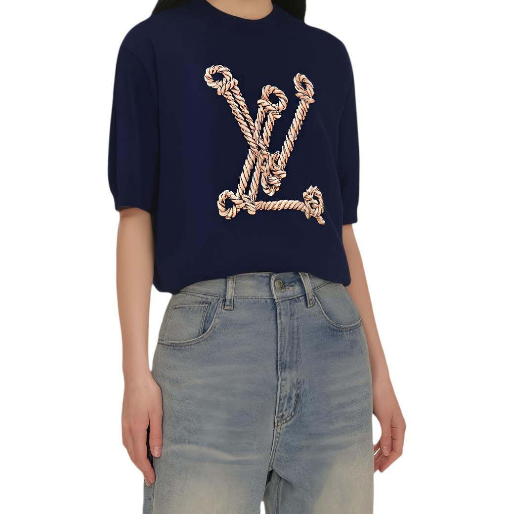 (Women) LOUIS VUITTON Nautical Knit Crewneck Short Sleeve Sweater Navy Blue SS25 1AHJD1 圖 4