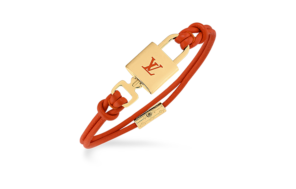 Lookbook (W) LOUIS VUITTON Gelang Kulit Oren Wanita dengan Logo Logam dan Kunci Pad. M8522F