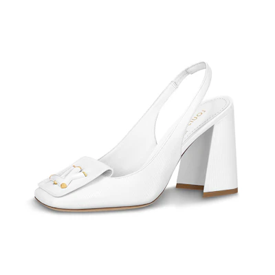(W) LV Patent Square-Toe Block Heel Pumps 'White'