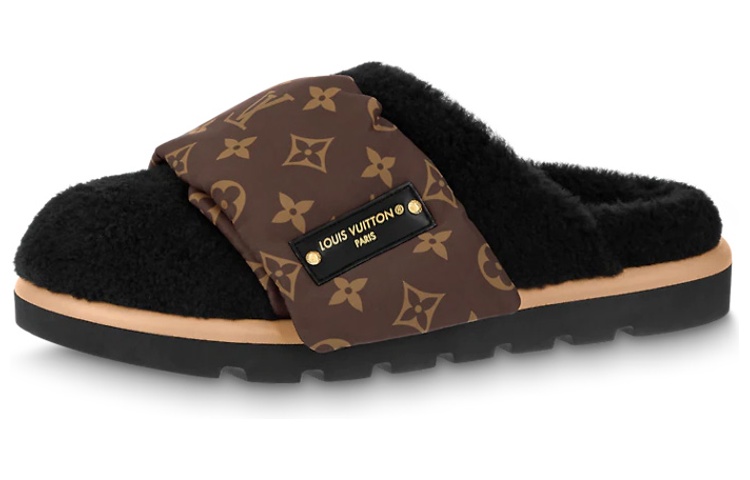 (Women) Louis Vuitton Pillow 'Faux Fur Monogram Nylon Slip-On Fashion Slide' Brown 1AAM3K