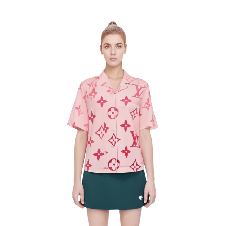 Details for (Women) LOUIS VUITTON Pink Logo Print Cuban Collar Short Sleeve Shirt Women. 1A8RLM