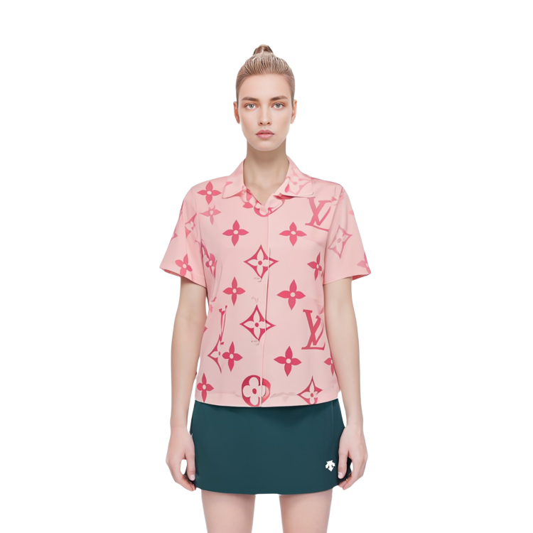 Sizing (Women) LOUIS VUITTON Pink Logo Print Cuban Collar Short Sleeve Shirt Women. 1A8RLM