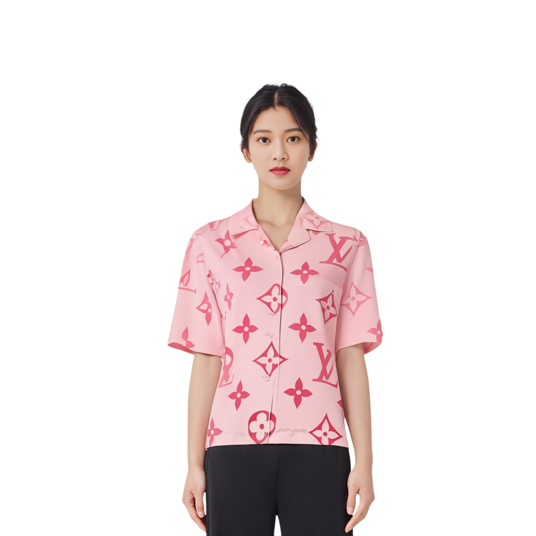 Cheap (Women) LOUIS VUITTON Pink Logo Print Cuban Collar Short Sleeve Shirt Women. 1A8RLM