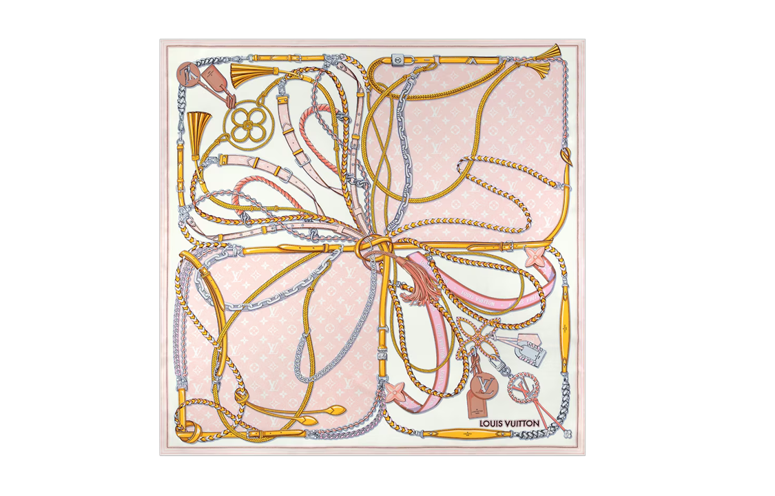 (Women) Louis Vuitton Pink Monogram Tassel Chain  Silk Scarf. M78444