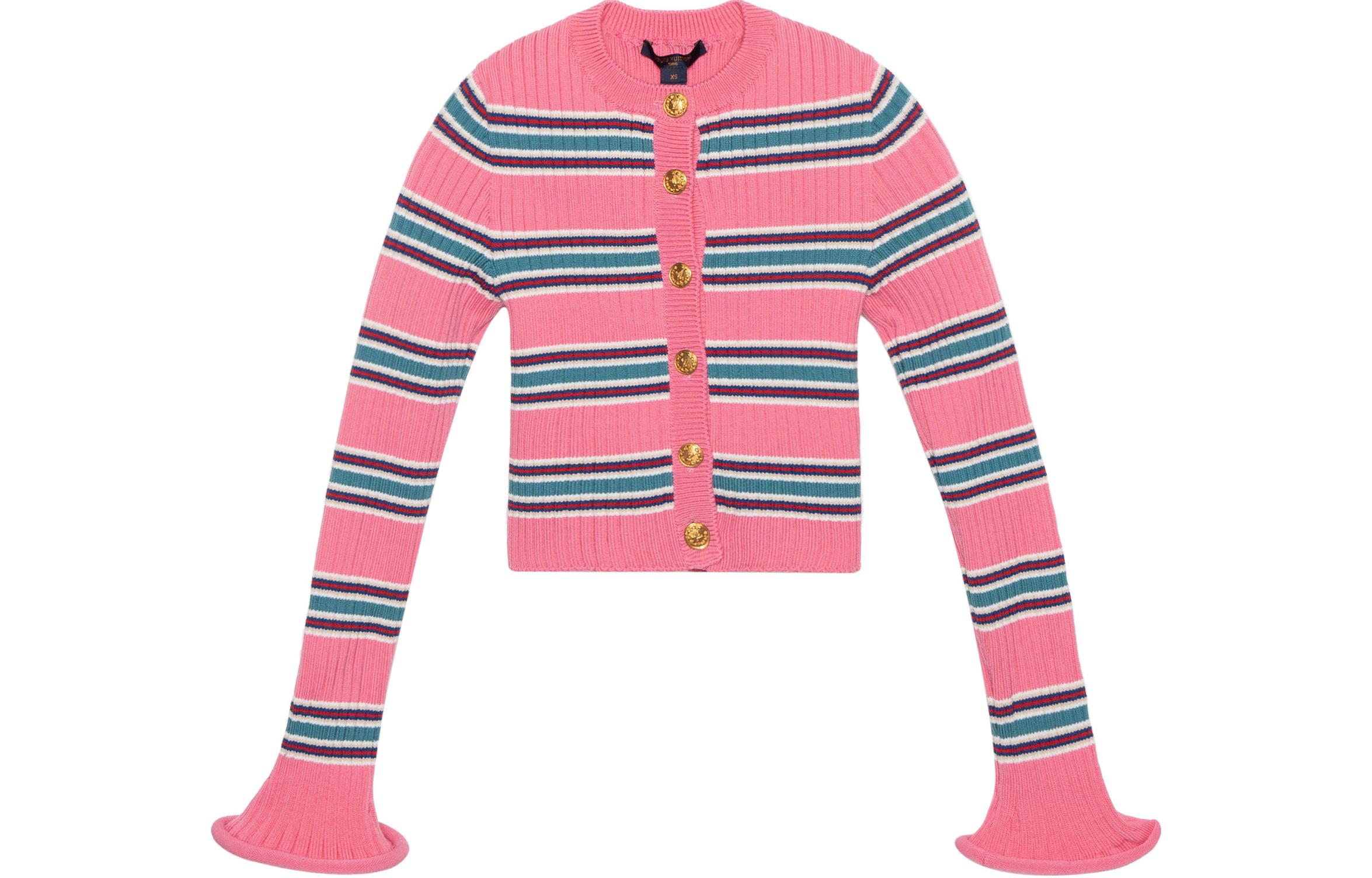 (Women) Louis Vuitton Pink Striped Bell Sleeve Wool Cardigan Sweater. 1A9MU6