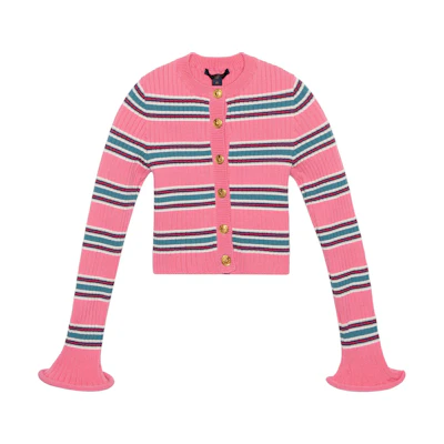 (Women) Louis Vuitton Pink Striped Bell Sleeve Wool Cardigan Sweater. 1A9MU6