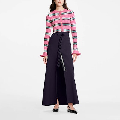 (W) 路易威登粉色条纹喇叭袖羊毛开衫毛衣 1A9MU6 Shop (W) 路易威登粉色条纹喇叭袖羊毛开衫毛衣 1A9MU6