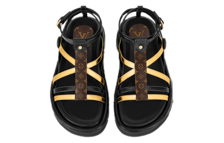 Lookbook (W) Sandal Keselesaan Bantal Kolam Louis Vuitton 'Hitam Emas' 1A9CCL