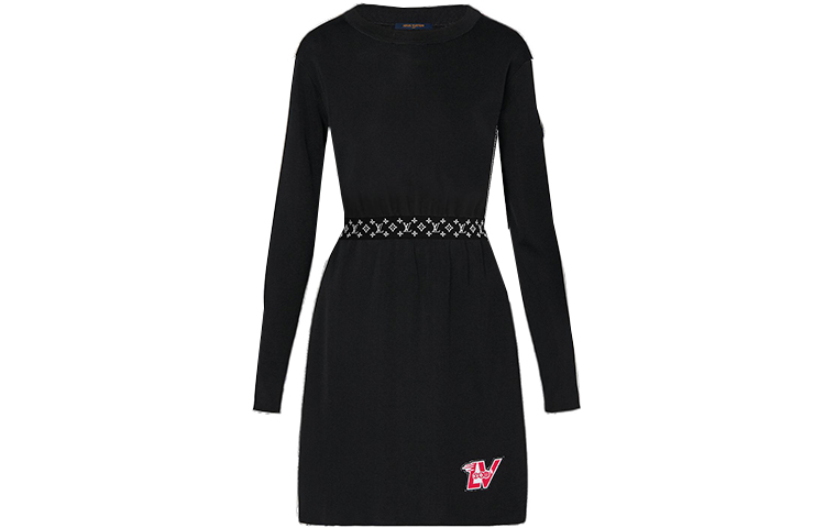 Order (W) LOUIS VUITTON Gaun Lengan Panjang Sabuk Cetak Hitam 1A89V5