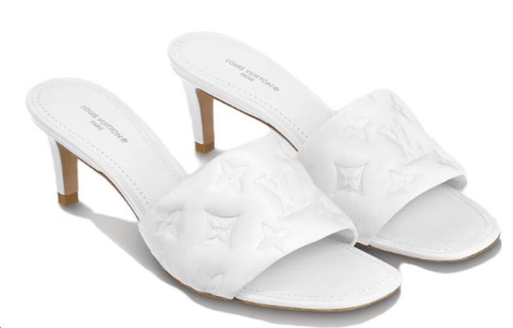 Shop (W) Louis Vuitton Revival 'Selipar Tumit Tinggi Hujung Petak Kulit Putih' 1AAZH0