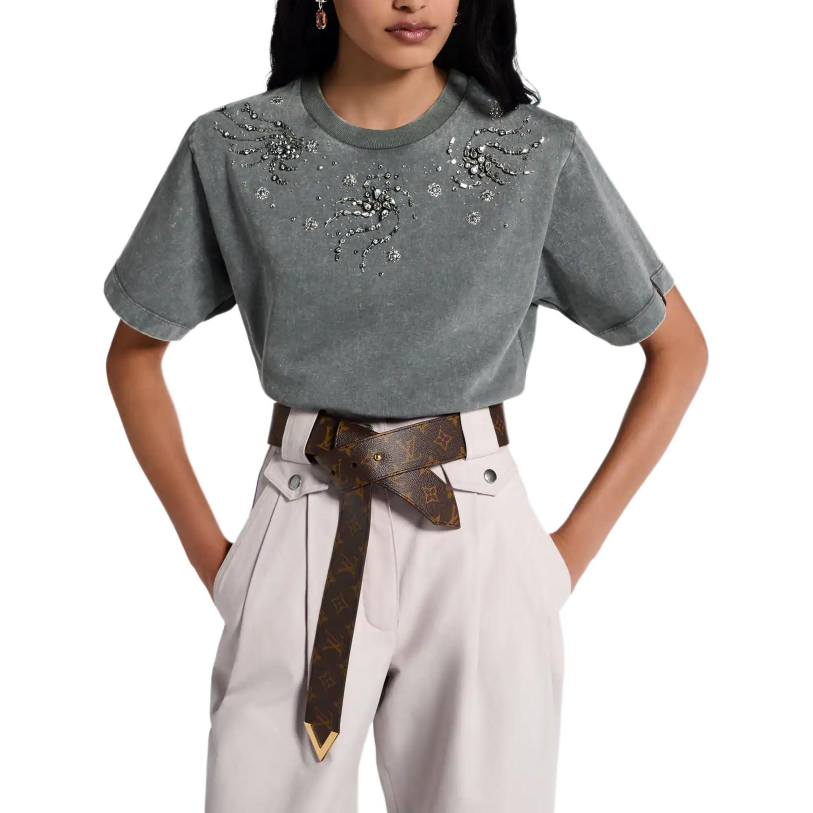 (Women) LOUIS VUITTON Rhinestone Spiral Graphic Grey Short Sleeve  T-Shirt SS25 1AIB06 圖 5