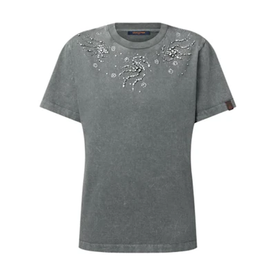 (Women) LOUIS VUITTON Rhinestone Spiral Pattern Grey Short Sleeve T-Shirt SS25 Tee 1AIB04