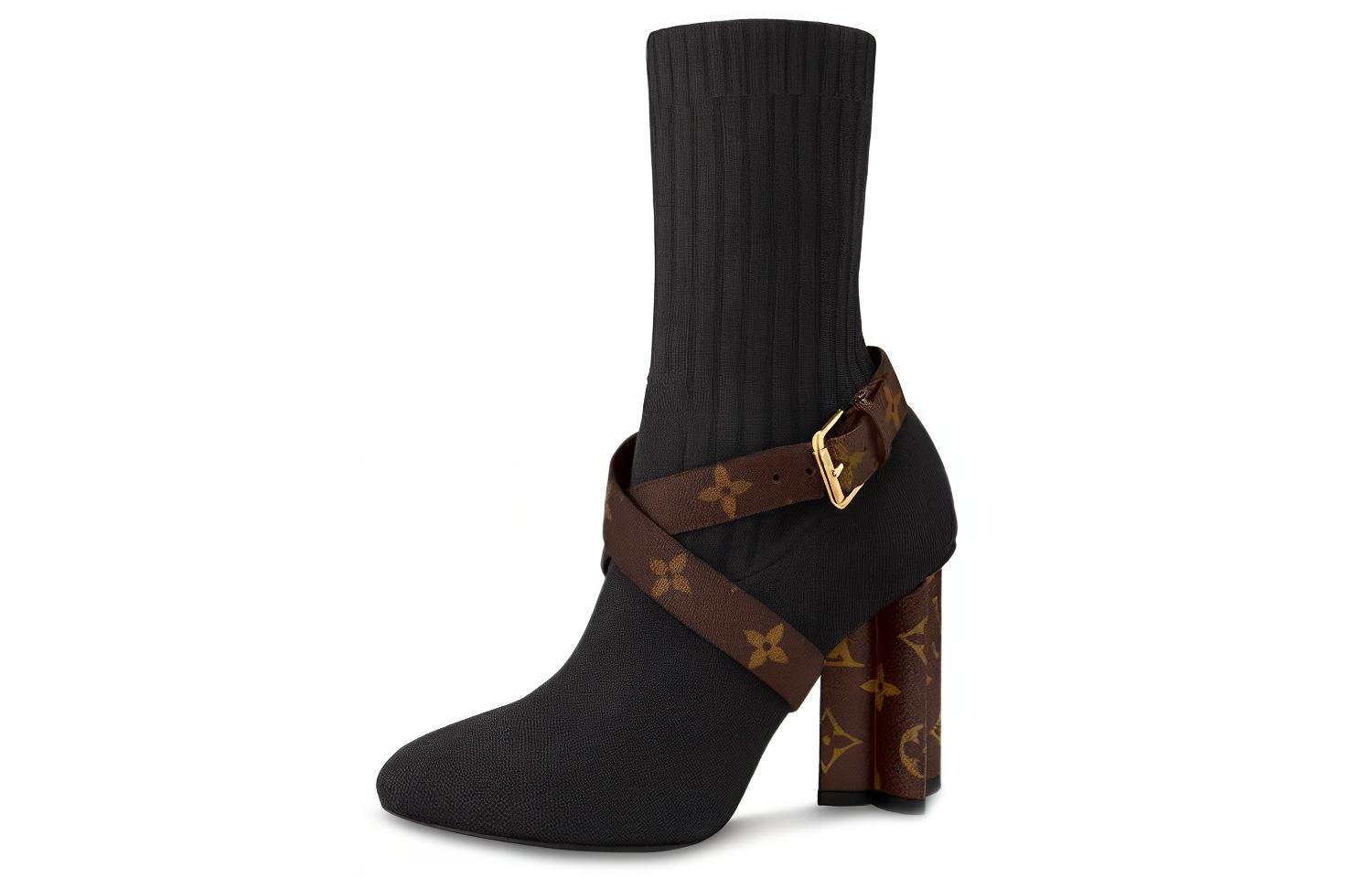 (Women) Louis Vuitton Silhouette Ankle Boots 'Black with Monogram Heel and Strap' 1A66F8
